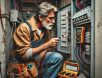 A hardworking electrician in a worn uniform installing an electrical panel in a residential home, surrounded by tools and wiring, capturing the real-world grit of a tradesman at work.