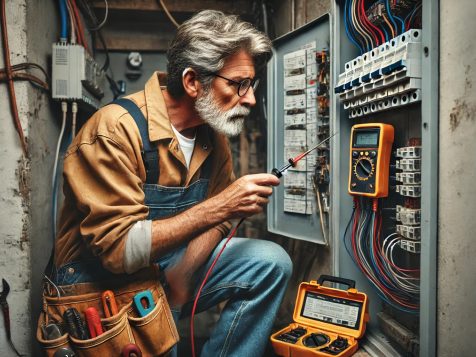 A hardworking electrician in a worn uniform installing an electrical panel in a residential home, surrounded by tools and wiring, capturing the real-world grit of a tradesman at work.