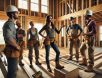 High-resolution photograph of a female contractor wearing a hard hat and work boots, giving instructions to a crew of construction workers at an unfinished home with exposed wooden framing and drywall installation in progress.