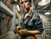 A skilled female electrician in a work uniform, carefully fixing an open electrical panel with complex wiring, showcasing technical expertise and focus.