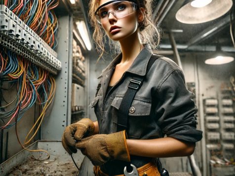 A skilled female electrician in a work uniform, carefully fixing an open electrical panel with complex wiring, showcasing technical expertise and focus.