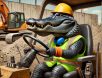 A confident alligator dressed as a heavy equipment operator, wearing a hard hat and safety vest, sitting inside an excavator while maneuvering controls at a humorous construction site.