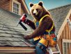 A determined bear dressed as a roofer, wearing a hard hat, tool belt, and safety harness while securing shingles on a house roof with a nail gun in a humorous construction setting.