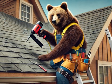 A determined bear dressed as a roofer, wearing a hard hat, tool belt, and safety harness while securing shingles on a house roof with a nail gun in a humorous construction setting.