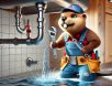 A determined beaver dressed as a plumber, wearing overalls and a tool belt, using a wrench to fix a dramatically leaking pipe under a kitchen sink for a humorous effect.