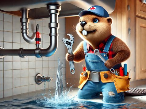 A determined beaver dressed as a plumber, wearing overalls and a tool belt, using a wrench to fix a dramatically leaking pipe under a kitchen sink for a humorous effect.