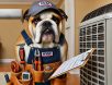 A serious yet puzzled bulldog dressed as an HVAC technician, wearing a tool belt and baseball cap, inspecting an air conditioning unit with a clipboard in a humorous residential repair scene.