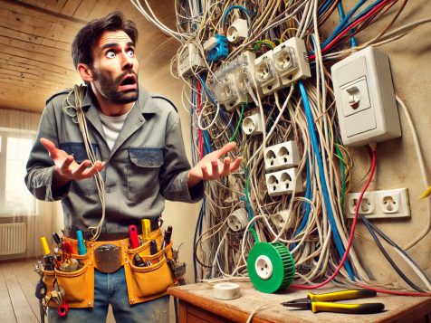 A confused electrician looking at a dangerously bad DIY wiring setup, featuring tangled wires, duct tape fixes, and an excessive number of extension cords plugged into one outlet.