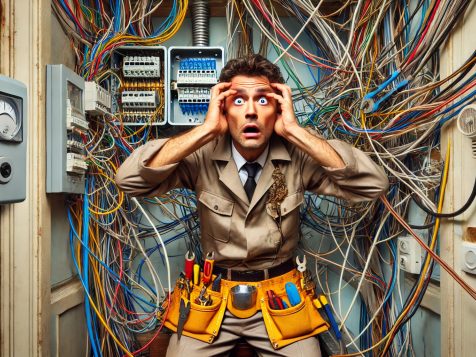 A surprised electrician dealing with a hilariously tangled mess of wires in a residential electrical panel, capturing the chaotic reality of unexpected wiring disasters.