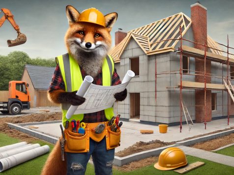 A confident yet mischievous fox dressed as a general contractor, wearing a high-visibility vest, hard hat, and tool belt, inspecting a half-built house with blueprints in hand at a humorous construction site.