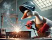 A determined yet slightly chaotic goose dressed as a welder, wearing a welding helmet, gloves, and protective apron, using a welding torch to fuse metal beams with bright sparks flying in a humorous industrial workshop setting.