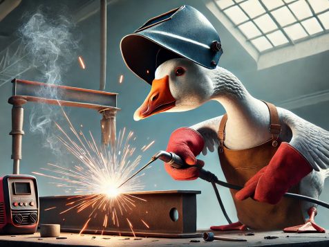 A determined yet slightly chaotic goose dressed as a welder, wearing a welding helmet, gloves, and protective apron, using a welding torch to fuse metal beams with bright sparks flying in a humorous industrial workshop setting.