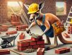 A focused kangaroo dressed as a bricklayer, wearing a hard hat and tool belt, carefully laying bricks with a trowel while hilariously tucking extra bricks into its pouch on a construction site.