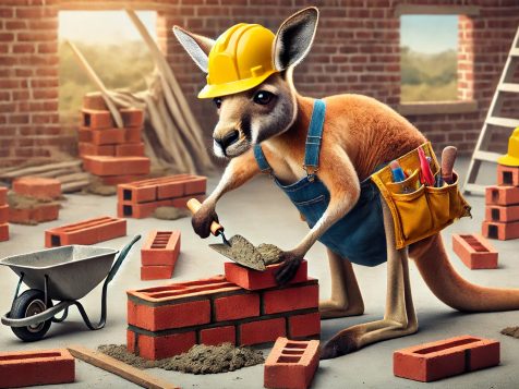 A focused kangaroo dressed as a bricklayer, wearing a hard hat and tool belt, carefully laying bricks with a trowel while hilariously tucking extra bricks into its pouch on a construction site.