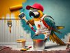 A confident parrot dressed as a painter, wearing a painter’s cap and overalls, holding a paintbrush in its beak while standing on a paint bucket and painting a wall with vibrant colors in a humorous home renovation scene.