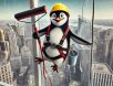 A determined yet slightly nervous penguin dressed as a window washer, wearing a safety harness and helmet, dangling from a rope while cleaning a skyscraper window high above the city.