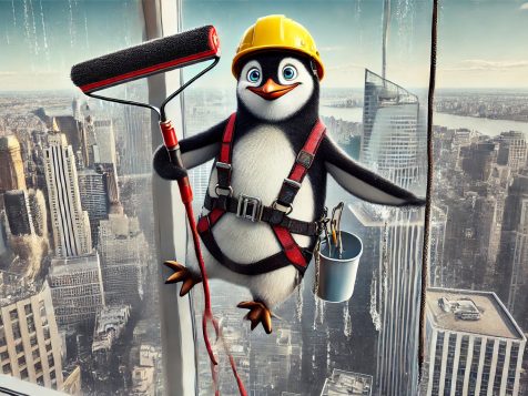 A determined yet slightly nervous penguin dressed as a window washer, wearing a safety harness and helmet, dangling from a rope while cleaning a skyscraper window high above the city.