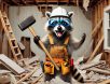 An excited raccoon dressed as a demolition expert, wearing a hard hat, safety goggles, and tool belt, holding a sledgehammer in a partially demolished room with broken drywall and debris.