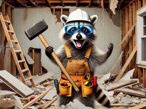 An excited raccoon dressed as a demolition expert, wearing a hard hat, safety goggles, and tool belt, holding a sledgehammer in a partially demolished room with broken drywall and debris.