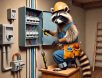 A determined raccoon dressed as an electrician, wearing a hard hat and tool belt, using a screwdriver to adjust wiring in a residential electrical panel for a humorous effect.