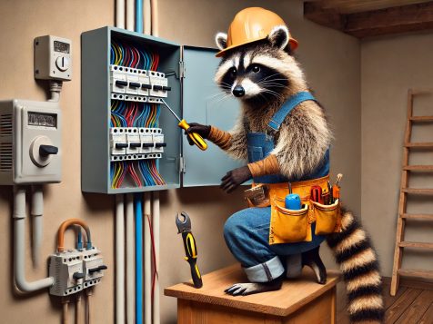 A determined raccoon dressed as an electrician, wearing a hard hat and tool belt, using a screwdriver to adjust wiring in a residential electrical panel for a humorous effect.