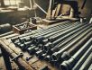 High-resolution gritty photograph of industrial metal pipes arranged on a rugged work surface with visible rust, dust, and scattered tools, capturing an authentic repair or construction setting.