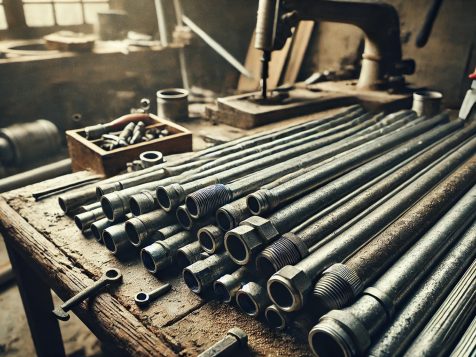 High-resolution gritty photograph of industrial metal pipes arranged on a rugged work surface with visible rust, dust, and scattered tools, capturing an authentic repair or construction setting.