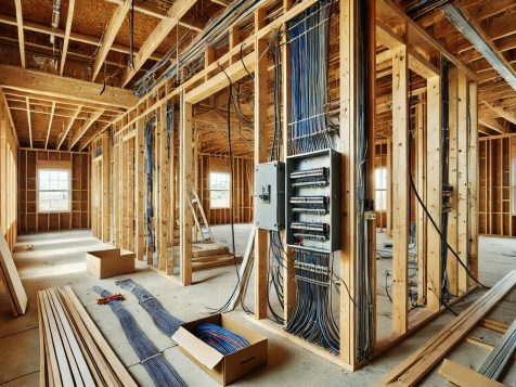 High-resolution photograph of an unfinished home under construction, featuring exposed electrical wiring, wooden framing, and scattered building materials in a well-lit, sharp, and detailed setting.