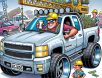 A cartoon of a hardworking contractor celebrating his success by purchasing a flashy, high-end truck, symbolizing his achievements and wealth from years of dedication.