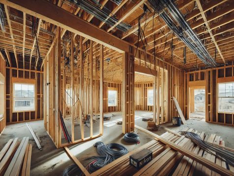 High-resolution photograph of an unfinished home under construction, featuring exposed electrical wiring, wooden framing, and scattered building materials in a well-lit, sharp, and detailed setting.