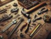 Zoomed-out high-resolution image of a workbench covered with everyday tools, including a hammer, pliers, wrench, screwdriver, and measuring tape, scattered across a rugged wooden surface with dust and scratches.